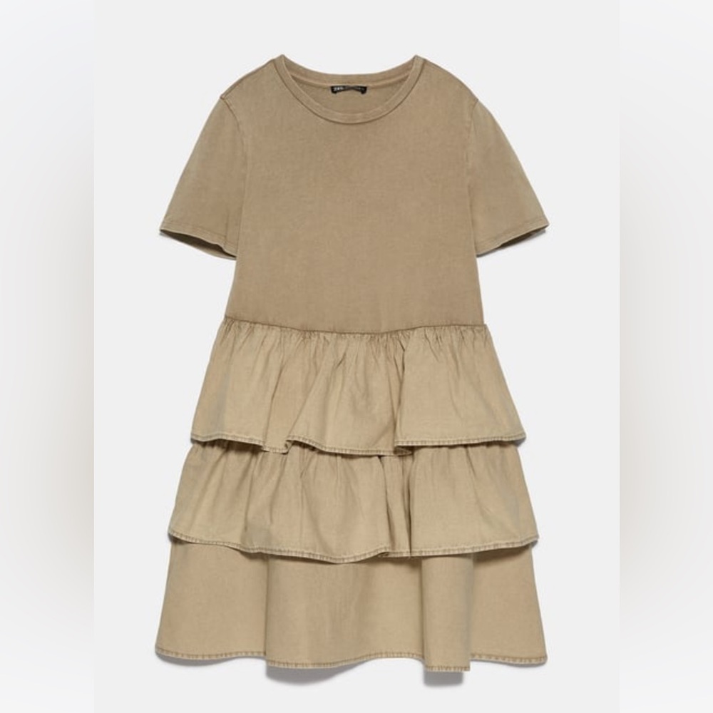 Zara Woman NWOT Beige Ruffled Cotton Tshirt Dress